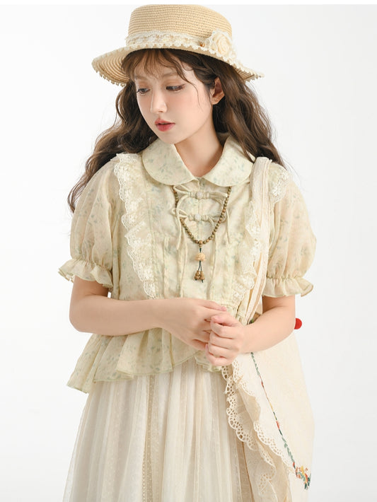 Peter Pan Collar Apricot Lace Trim High-low Blouse