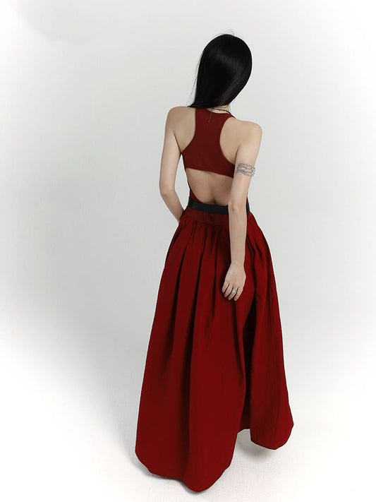 Gothic Wine Red High Waist Cross Print Backless Version Sleeveless Dress