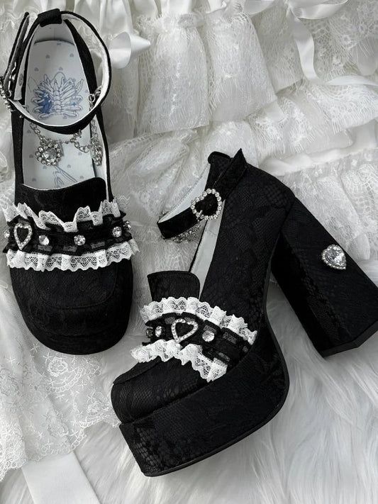 Jirai Kei Black Lace Platform Heels: 12cm Chunky Block Heel with Heart Rhinestone Chain & Buckle Ankle Strap