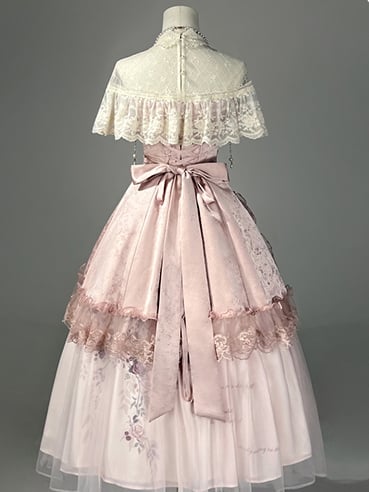 Pink Illusion Neckline Elegant Classic Lolita Top + Floral Print Skirt + Beaded Necklace Set