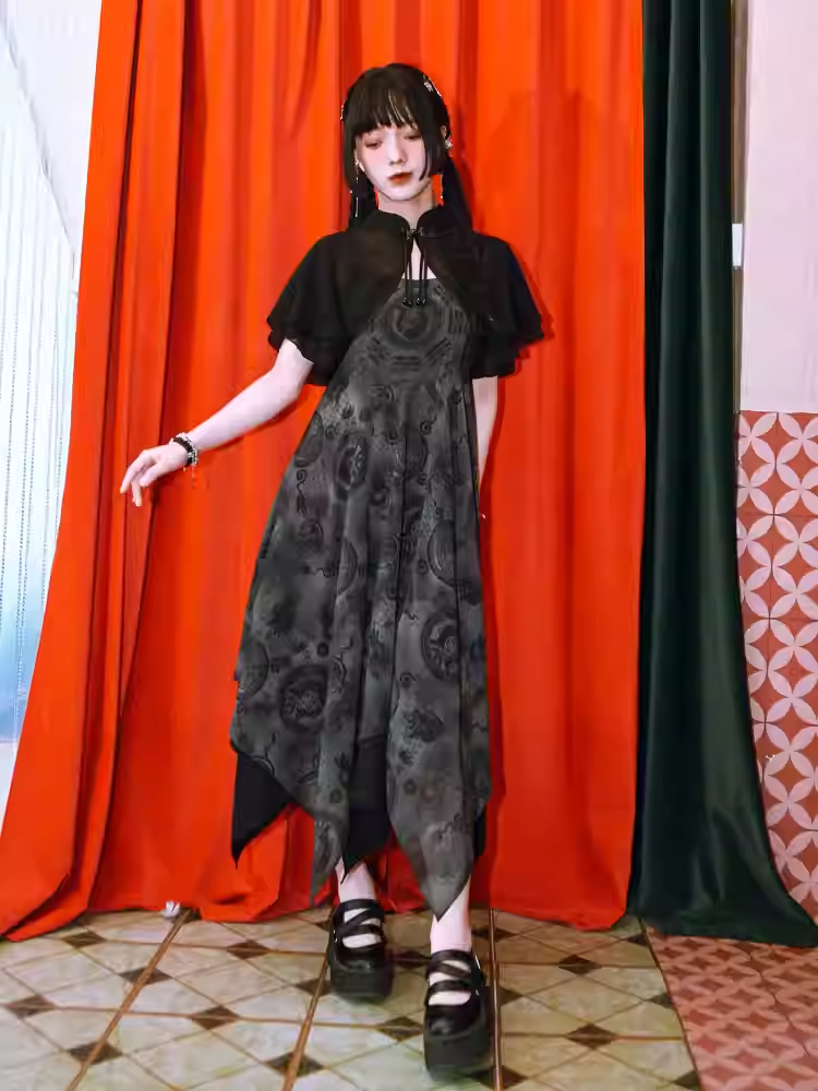 Black Chiffon Handkerchief Hem Cheongsam Style Graphic Cami Dress