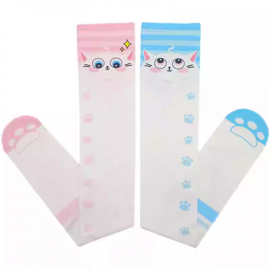 Blue and Pink Cat Paw Pattern Over Knee Stockings