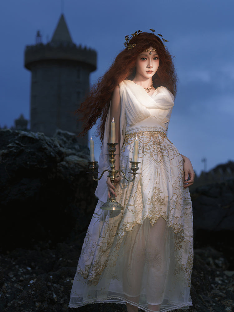 Gold Celestial Map Embroidery White Greek Style Cowl Neckline Jumper Skirt