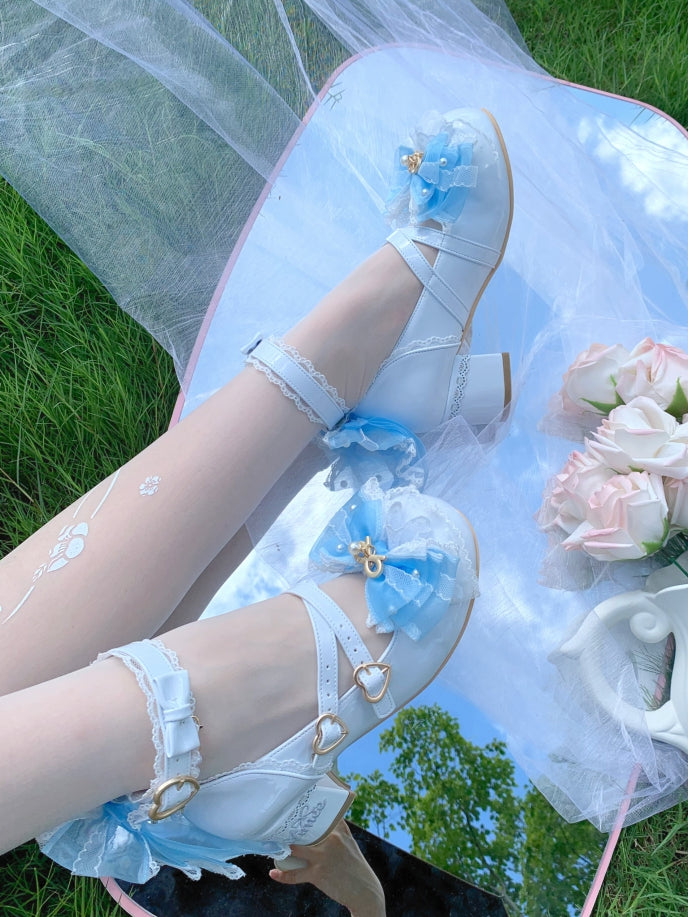 Light Blue Beaded Decorated Bow at Top Crisscross Design Lace Trim Sweet Lolita Shoes