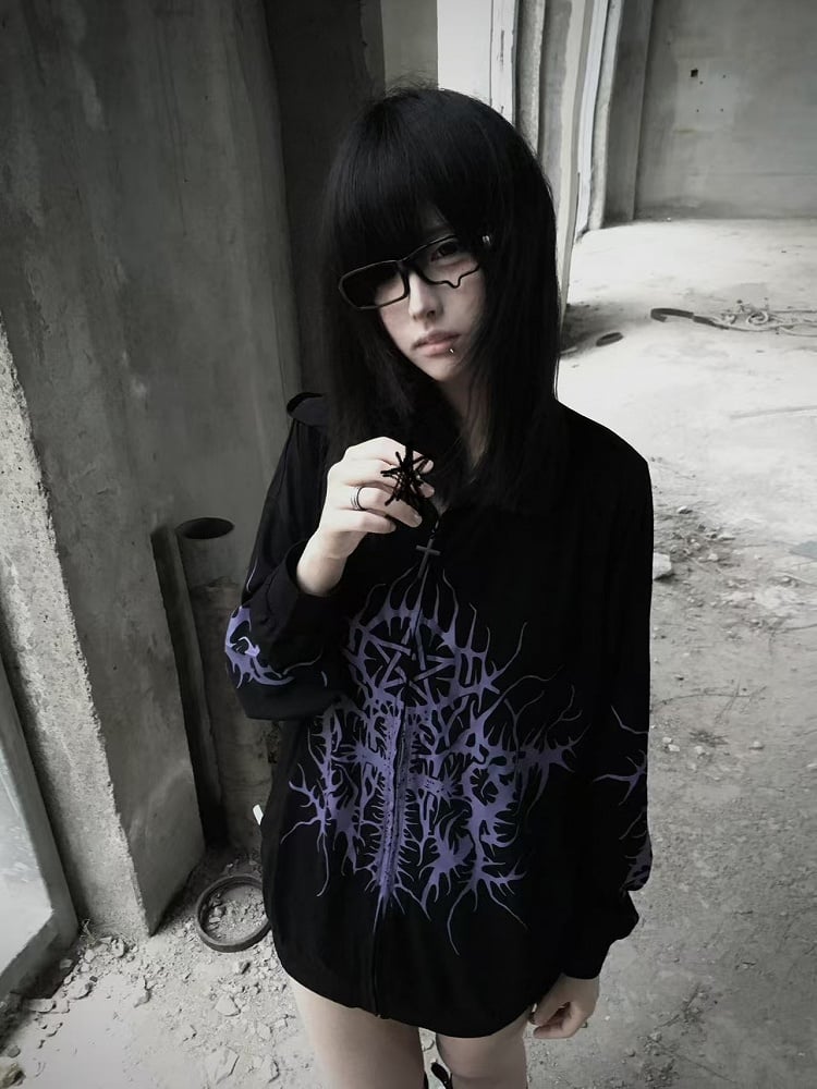 Purple Cross and Pentagram Print Black Zip-up Hooded Jacket for Spring and Summer