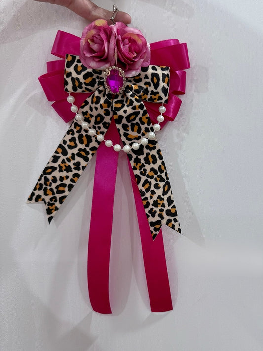 Rose Red Floral Design Beaded Charm Rhinestone Decorated Leopard Pattern Bowknot Hairclip/Keychain