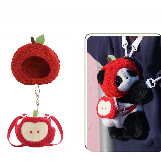 Cute Panda Plush Backpack/Crossbody Bag + Apple Hat + Apple Backpack Keychain