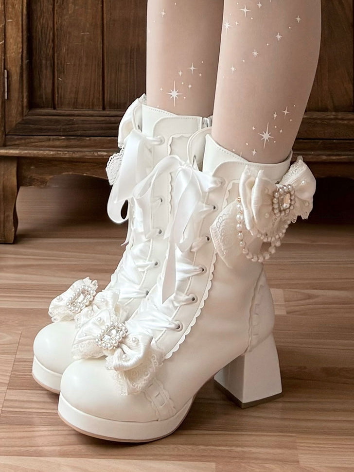 Delicate Bow, Elegant Lacing & Inner Side Zipper PU White Boots in Sweet Lolita