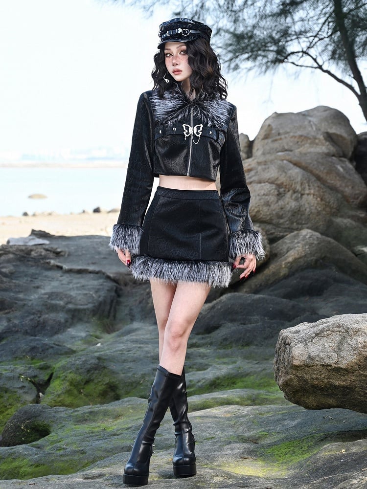 Plush Hem Black Punk PU Skirt