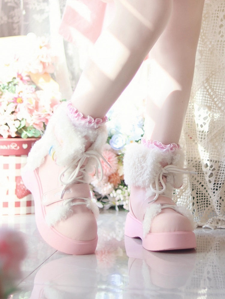 Sweet Lolita Pink Platform Ankle Boots - Plush Bunny Ears with Dual Lace & Velcro Design