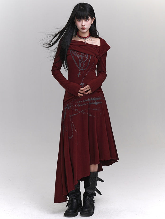 Wine Red Asymmetrical Neckline and Hem Twist Detail Cross Print Dress