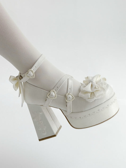 White Lolita Lace Bowknot Fork Embroidery Platform Block High Heels