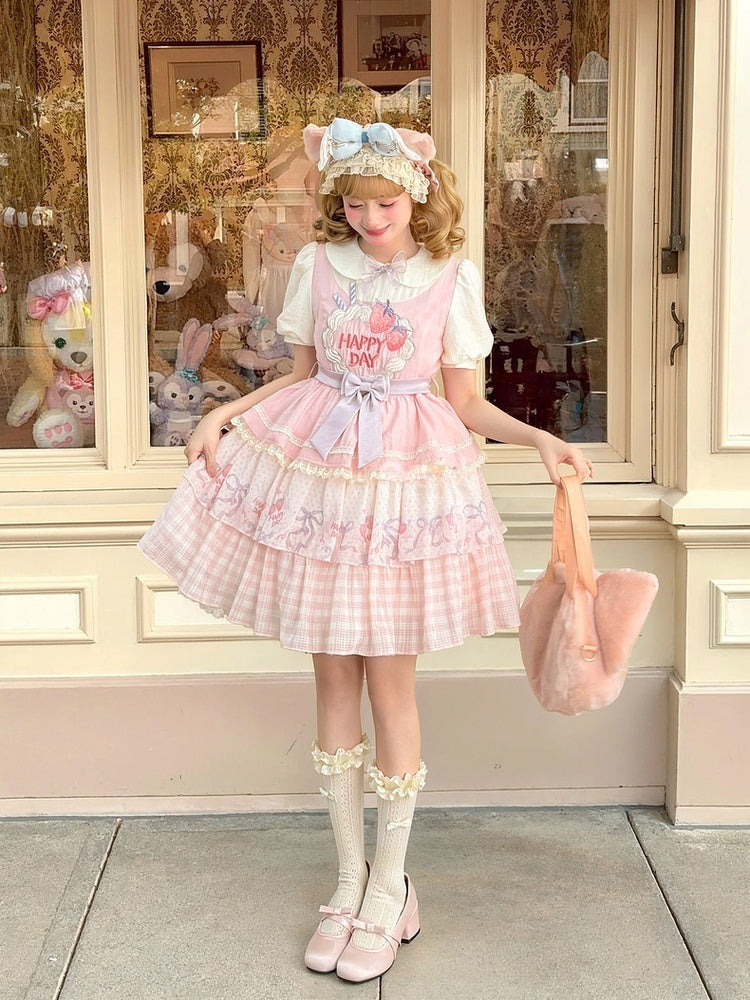 Pink Peter Pan Collar Strawberry Cake Embroidery Tiered Skirt Sweet Lolita Dress