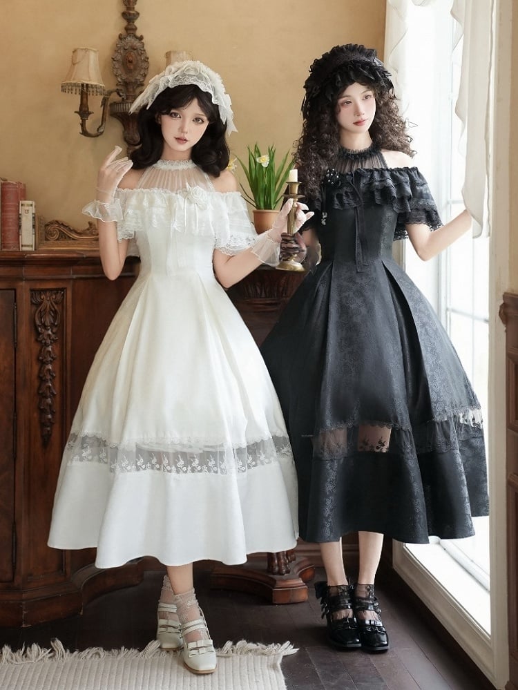 White / Black Tulle Shawl with Rose Brooch