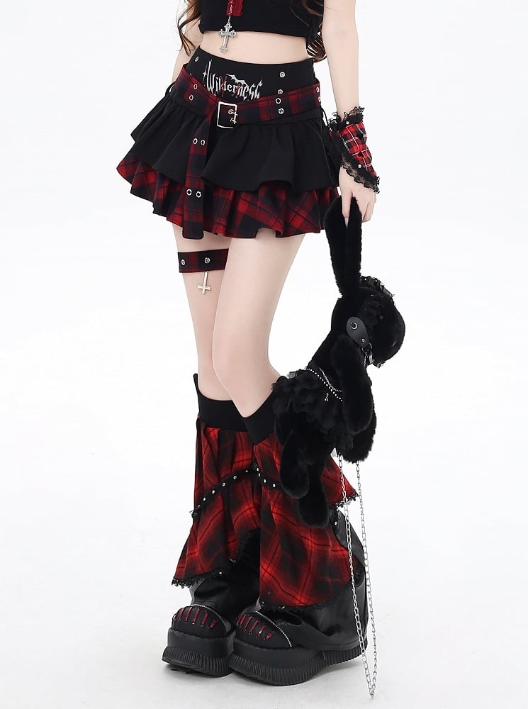 Y2K Black and Red Plaid Buckle Belt Design Lined Tiered Skirt with Cross Garter