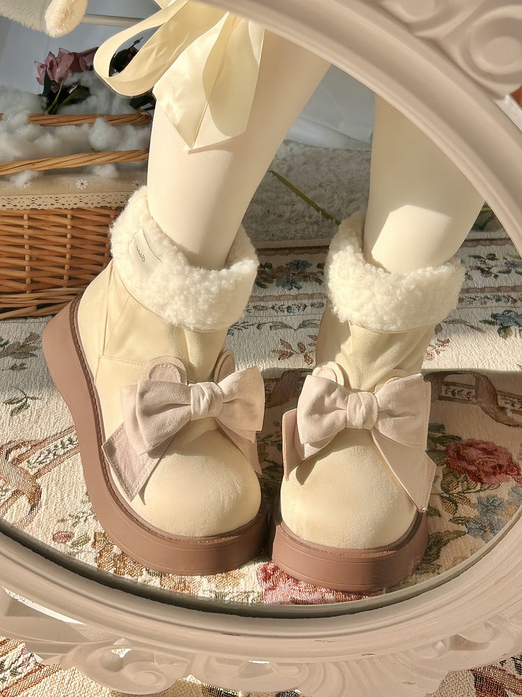 Beige Bunny Ear Design Bowknot Platform Winter Ugg Boots