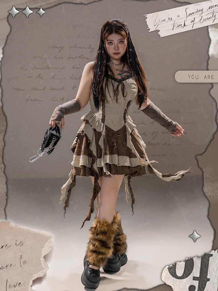 Plus Size Basque Waist Cascading Ruffles Distressed Holes Wasteland Punk Brown Cami Dress