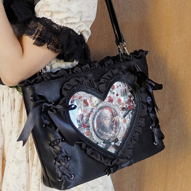 Black Stain Lace-up Design Ruffles Trim Heart Tota Ita Bag