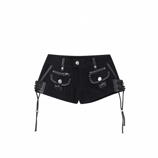 Black Low Waist Lace-up Hem Slim-fitting Denim Shorts