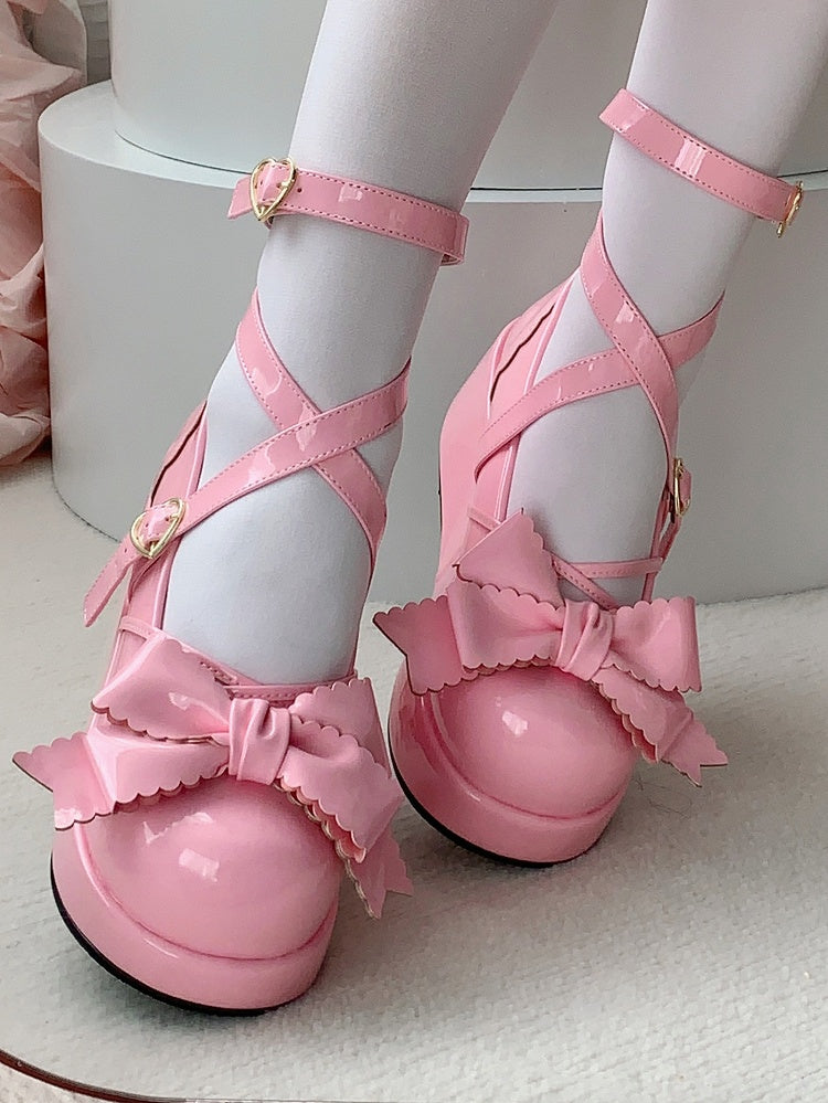 Deep Pink Sweet Lolita Platform Shoes - Top Bow, Crisscross Straps & Decorative Heart Closure