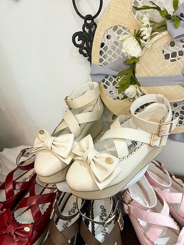 Platform Off-white Lolita Shoes - Crisscross Design & Top Bow