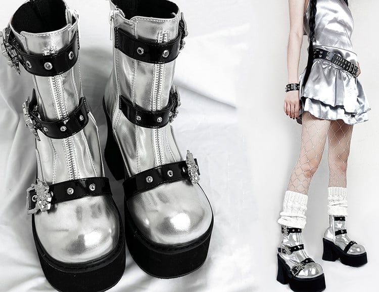 Dragon-shaped Buckle Straps Silver and Black Punk Boots High Block Heel