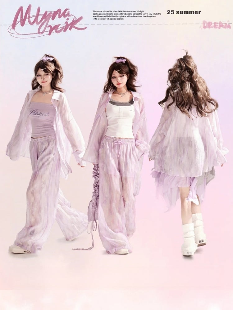 Light Purple Loose Shirt / Drawstring Waist Wide-leg Casual Pants