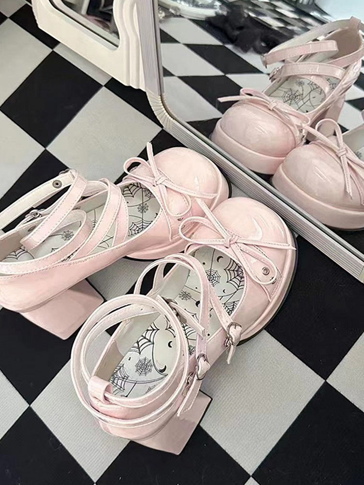 Bowknot at Top Pink High Block Heel Platform Mary Janes