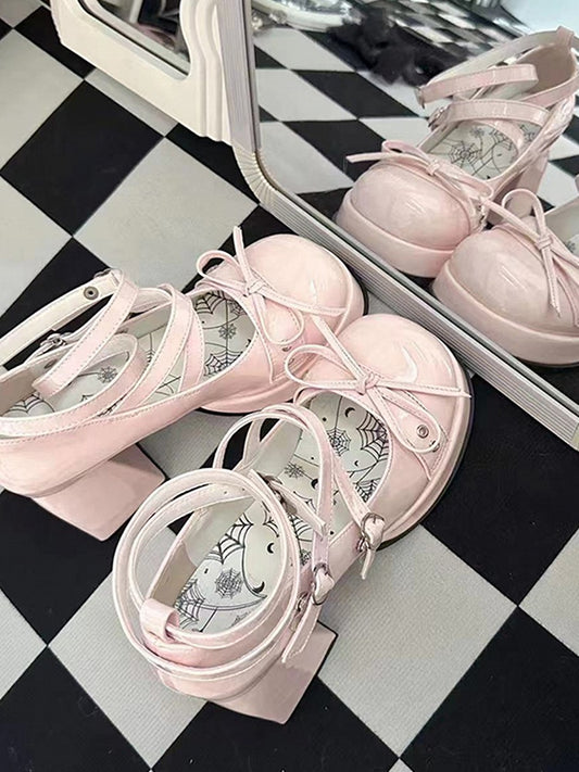 Bowknot at Top Pink High Block Heel Platform Mary Janes