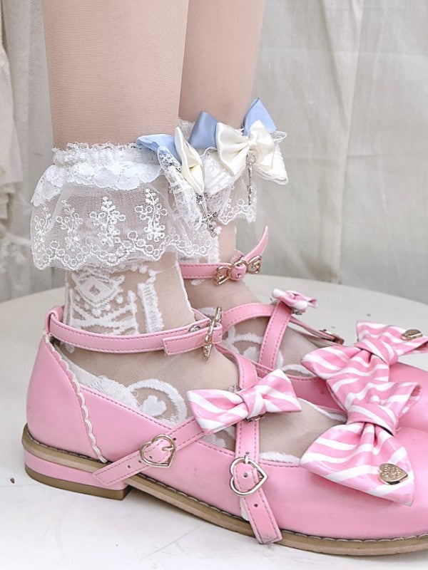 White Lolita Semi-sheer Calf Socks With Lace Cuffs And White/Gray/Pink Bowknot Details