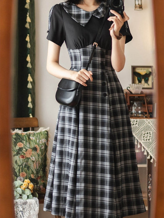 Slimming Black Retro Fashion Short Sleeves Plaid Dress