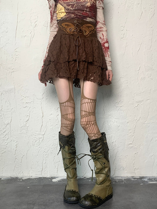 Brown/Black/Gray/White/Red Wasteland Punk Hollow-out Design Suspender Stockings