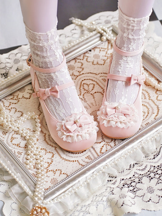 Baby Pink Bow at Top Lace Trim Heart Buckles Round Toe Lolita Shoes