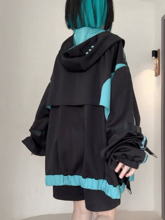 Black and Blue Futuristic Techwear Cyberpunk Hooded Jacket