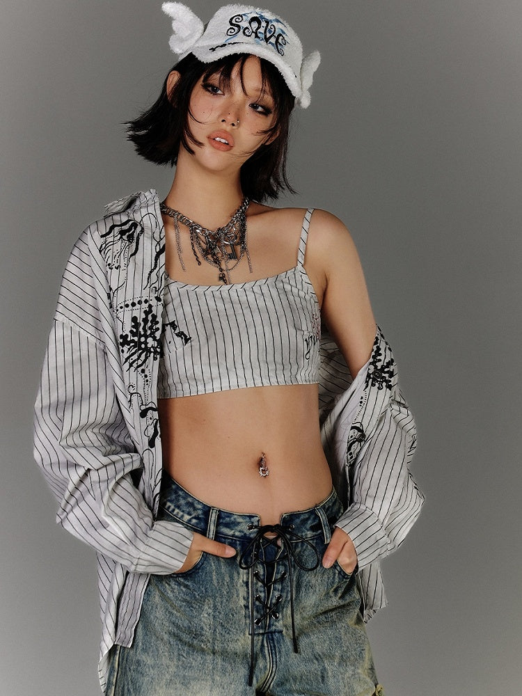 Black & White Stripes Graffiti Distressed Cropped Cami Top