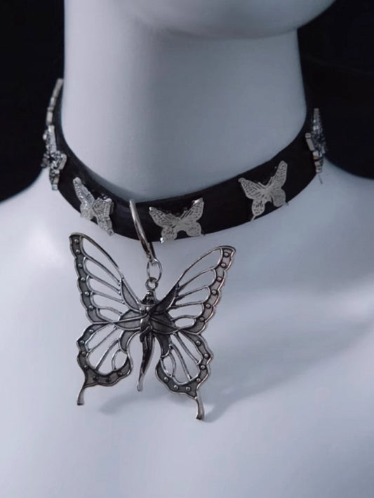 Handmade Metal Butterfly Pendant Gothic Black PU Choker