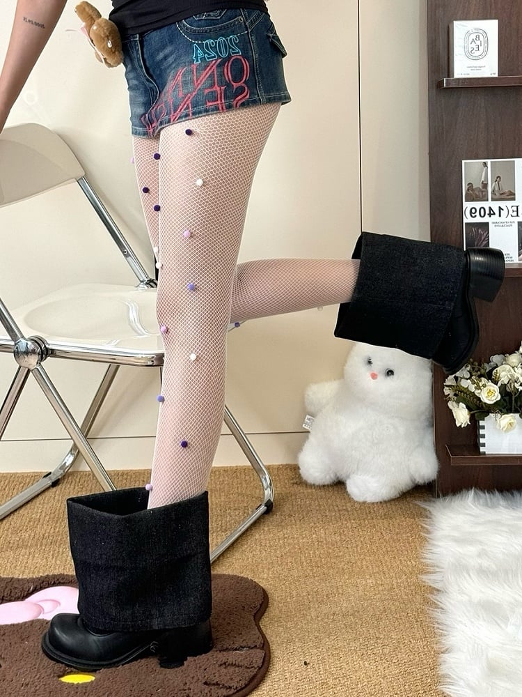White Y2K Pompon Details Tights
