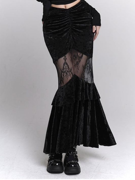 Gothic Black Velvet Contrast Lace Patches Ruched Design Mermaid Skirt