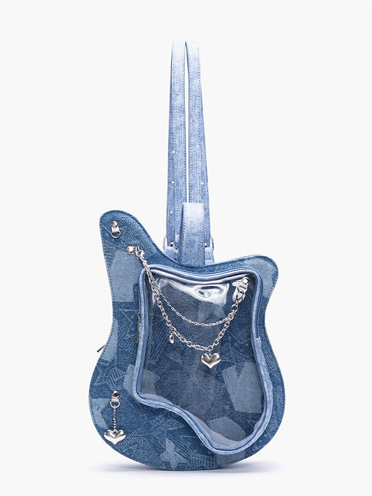 Chic 2-Way Kawaii Blue Guitar-Shaped Ita Bag With Y2K Style &Heart Chain Accents