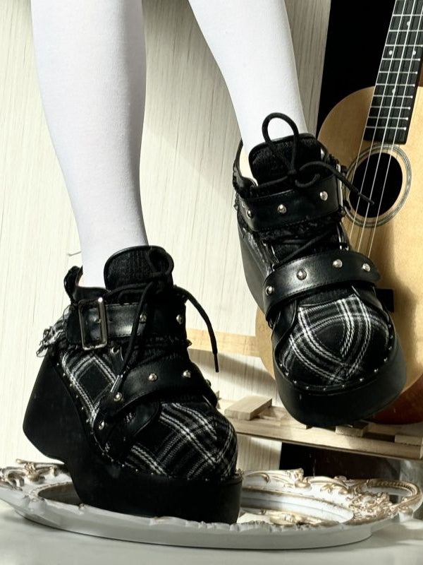 Black Gothic Platform Shoes - Triple Fastening System with Studs & Plaid Pattern