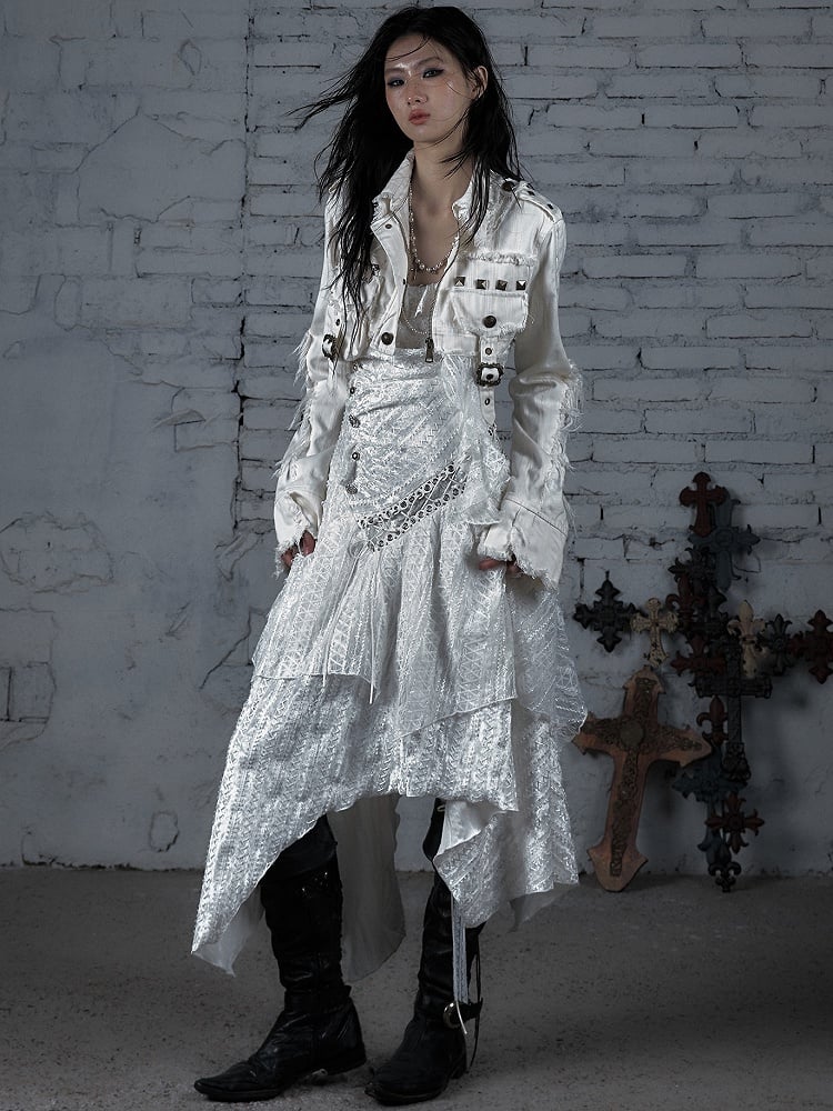 White Wasteland Punk Lace-up Design Handkerchief Hem Sleeveless Dress