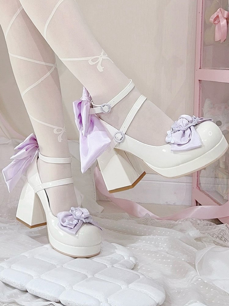 Polished White&Purple Bow at Top Platform High Block Heels
