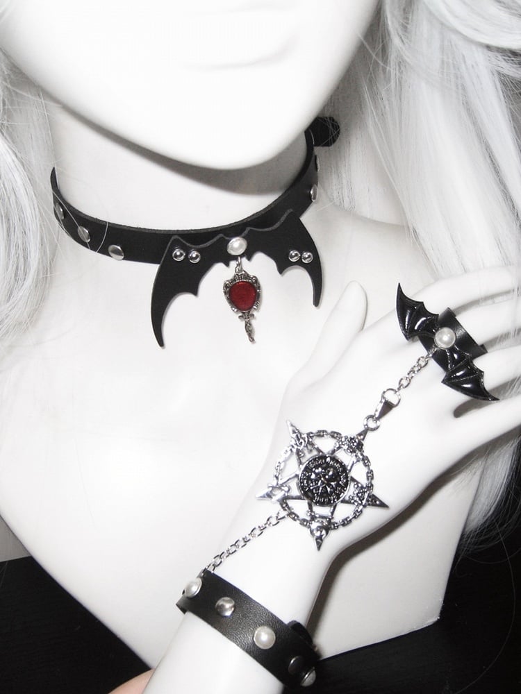 Black/White/Red Stud Detail with Bat Wings Design Ring
