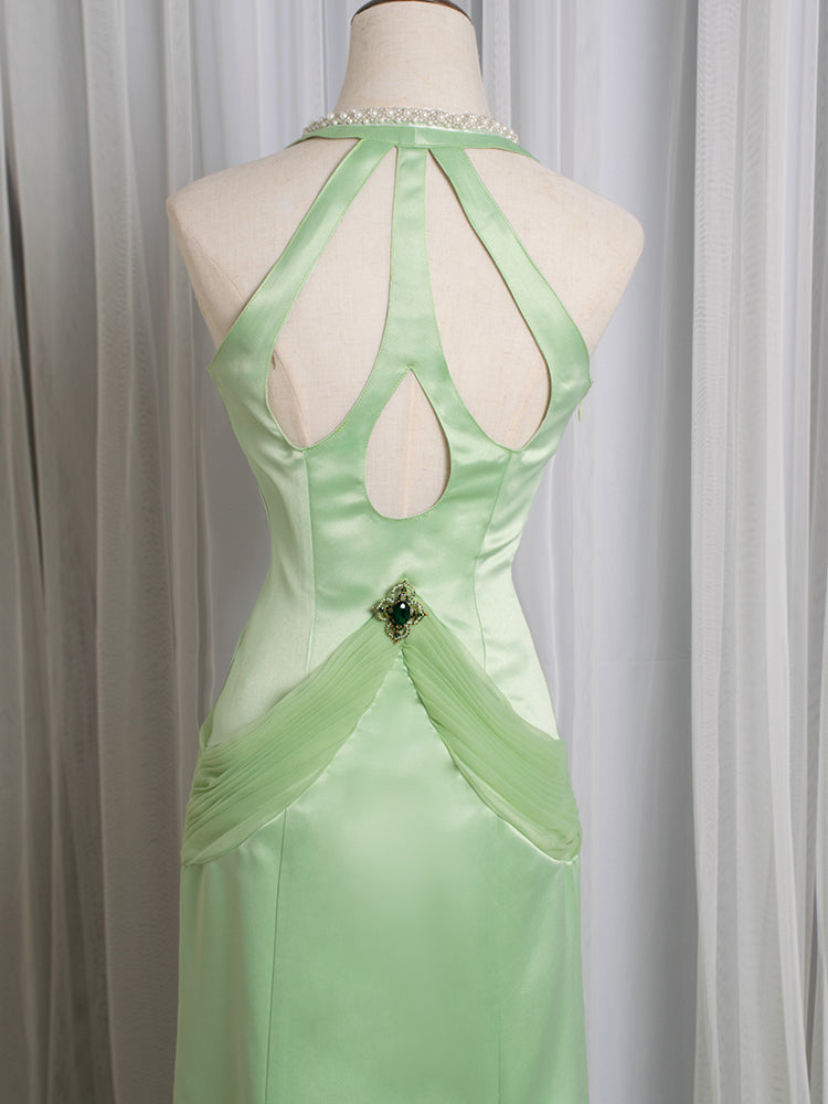 Light Green Cutout Back V-neck Vintage Mermaid Skirt Gown with Rhinestones