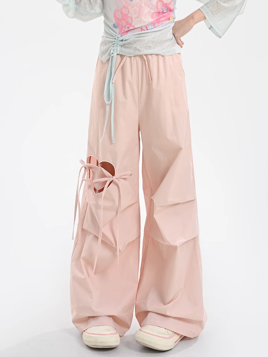 Blue/Pink Drawstring Waist Heart-shaped Cutout Wide-leg Pants