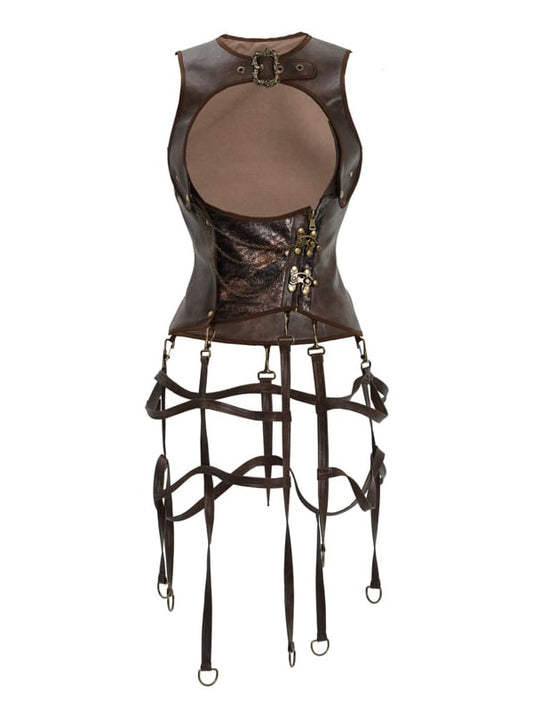 Brown PU Leather Vintage Steampunk Waistcoat Detachable Birdcage