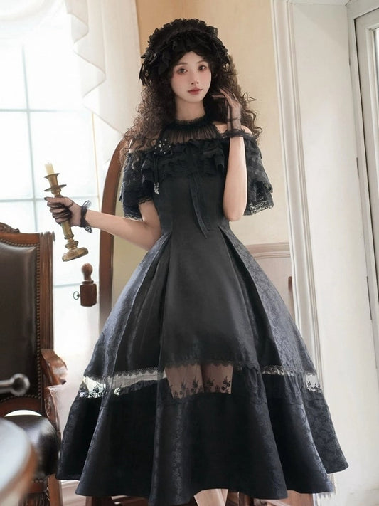 Black Illusion Halter Neck Rosette Jacquard Fabric Elegant Dress Full Set
