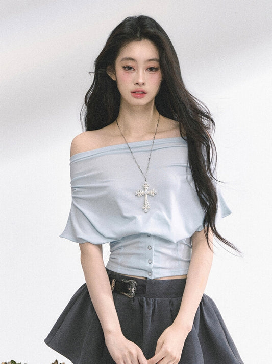 Off-the-shoulder Neckline Gray / Water Blue Slim-fitting T-shirt