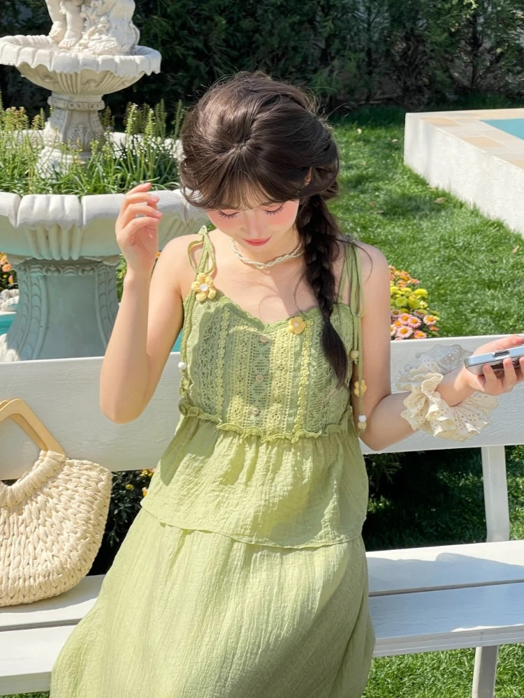 Mori Kei Green Knitted Floral Accents Cami Top