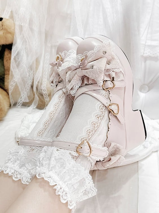 Pink Jirai Kei Bow at Top Crisscross Design Heart Buckles Platform High Block Heels Shoes